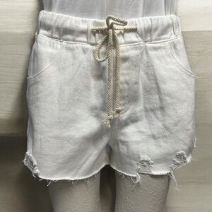 Wish List White denim jean shorts, distressed pull on w/ draw string, size S